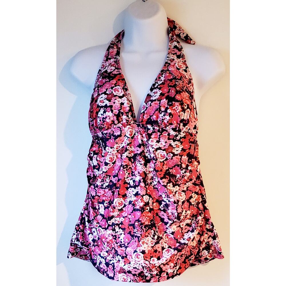 Nautica Womens Ruched Floral Halter Tankini Top Size XL Boho Sporty Beach Travel